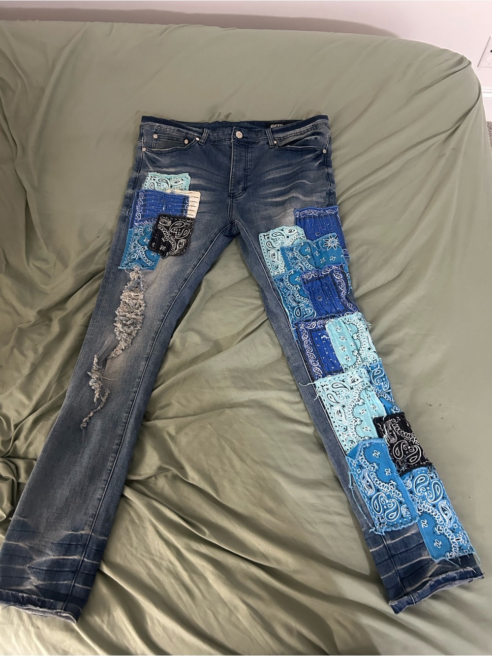 Blue Bandana Patchwork Distressed Jeans
